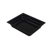 A black, rectangular plastic food pan with rounded corners and smooth edges, viewed from above at an angle against a white background. This shallow food pan is empty and ideal for cold holding or serving and storing food.