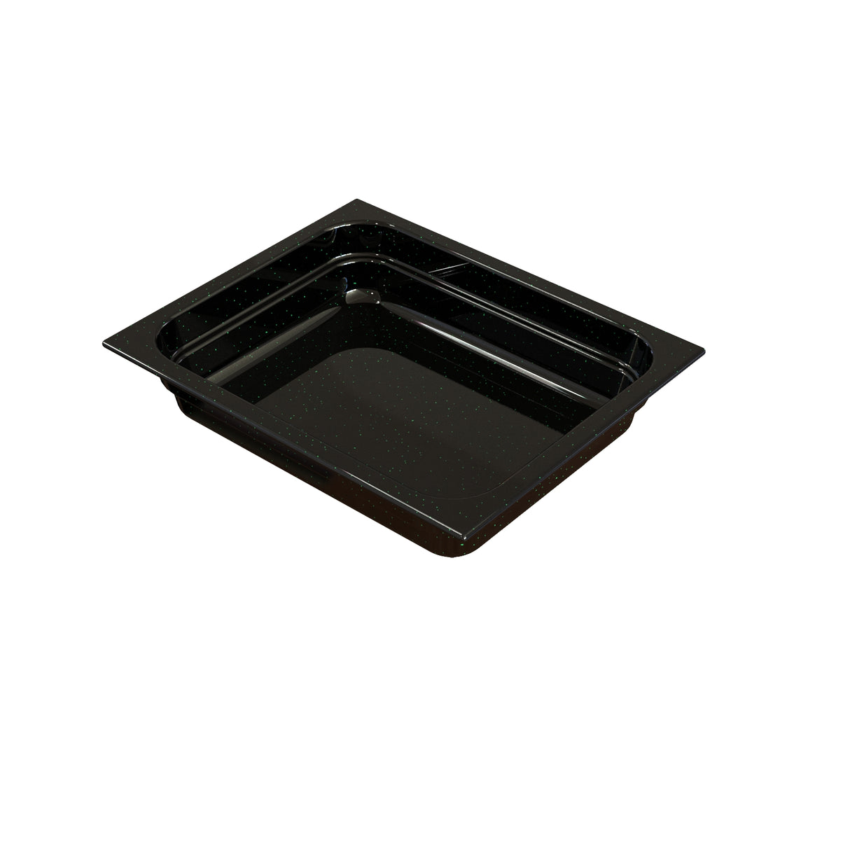 A rectangular, shallow black plastic food tray with slightly rounded corners and a wide, flat rim. The glossy surface resembles a food pan used for cold holding, and the empty tray is set against a plain white background.