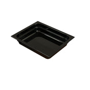 A rectangular, shallow black plastic food tray with slightly rounded corners and a wide, flat rim. The glossy surface resembles a food pan used for cold holding, and the empty tray is set against a plain white background.