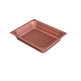 A rectangular, shallow, copper-colored cast aluminum food pan with straight sides and slightly rounded corners is photographed against a white background. The glossy finish and wide rim make it ideal for baking or cold holding.