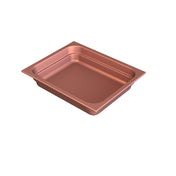 A rectangular, shallow, copper-colored cast aluminum food pan with straight sides and slightly rounded corners is photographed against a white background. The glossy finish and wide rim make it ideal for baking or cold holding.