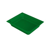 A green rectangular plastic food pan with slightly rounded edges and a flat bottom, shown on a white background. The tray appears shallow and empty, with raised sides for cold holding of items or food.