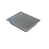 A rectangular, shallow gray tray made of textured cast aluminum with slightly angled sides and a wide rim, shown on a plain white background. The food pan is empty and positioned at an angle, highlighting its interior and depth.