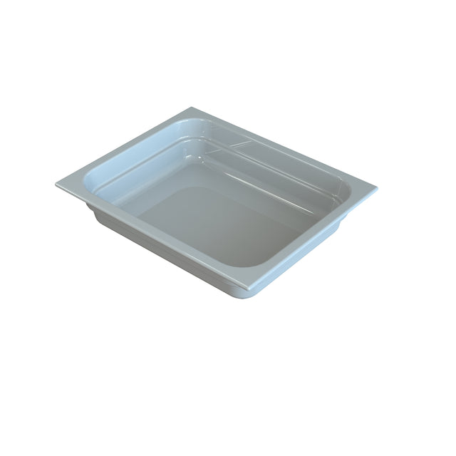 A rectangular, shallow, clear plastic food pan with wide flanged edges sits on a plain white background. Ideal for cold holding, the empty pan’s shiny surface highlights its clean, smooth appearance and slightly rounded bottom corners.