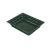 A green, rectangular food pan with rounded inner corners and flared edges is ideal for cold holding. The empty plastic pan has a smooth, glossy finish and is photographed on a white background at an angle, highlighting its depth and interior space.
