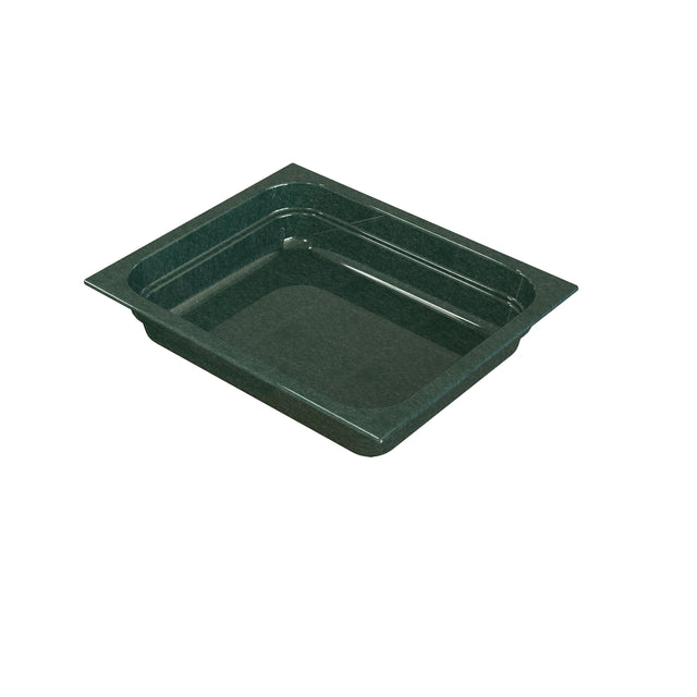 A green, rectangular food pan with rounded inner corners and flared edges is ideal for cold holding. The empty plastic pan has a smooth, glossy finish and is photographed on a white background at an angle, highlighting its depth and interior space.