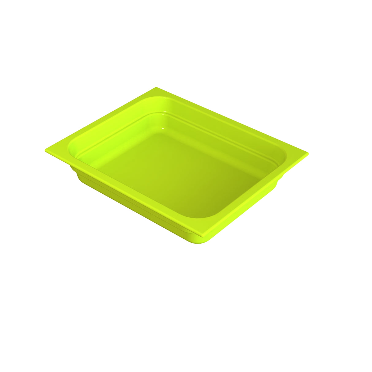 A rectangular, shallow, bright green food pan with slightly flared sides and rounded corners, set against a plain white background. The tray appears empty and clean, designed for general storage or cold holding purposes.