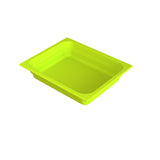 A rectangular, shallow, bright green food pan with slightly flared sides and rounded corners, set against a plain white background. The tray appears empty and clean, designed for general storage or cold holding purposes.