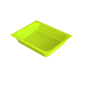 A rectangular, shallow, bright green food pan with slightly flared sides and rounded corners, set against a plain white background. The tray appears empty and clean, designed for general storage or cold holding purposes.