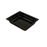 A rectangular, black, divided food pan with two compartments. Made of cast aluminum, it features a glossy finish with small white specks and rounded corners. The image is set against a plain white background.