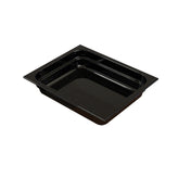 A rectangular, black, divided food pan with two compartments. Made of cast aluminum, it features a glossy finish with small white specks and rounded corners. The image is set against a plain white background.
