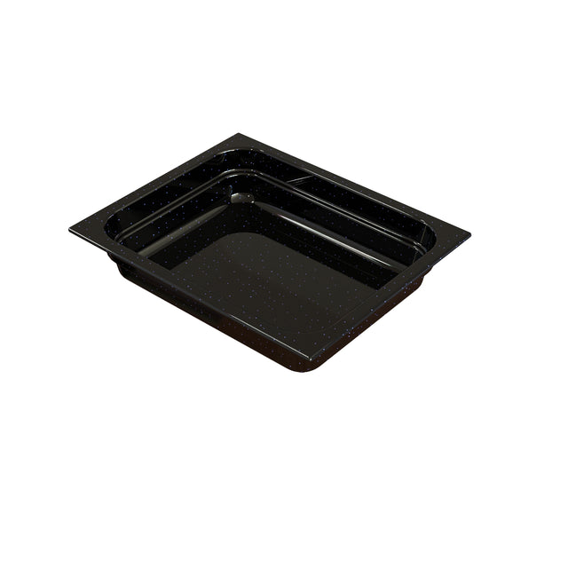 A rectangular, black, divided food pan with two compartments. Made of cast aluminum, it features a glossy finish with small white specks and rounded corners. The image is set against a plain white background.