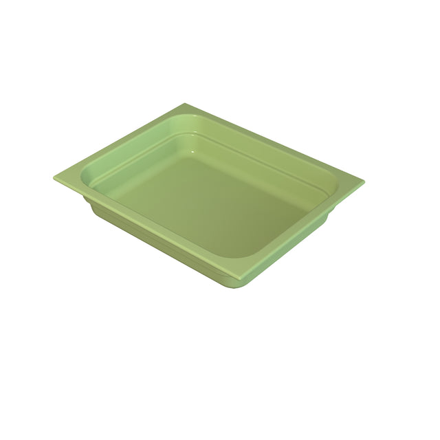 A rectangular, shallow, light green plastic food pan tray with slightly angled sides and a flat rim, shown against a plain white background. Ideal for cold holding, the tray appears empty and is viewed from an elevated front angle.