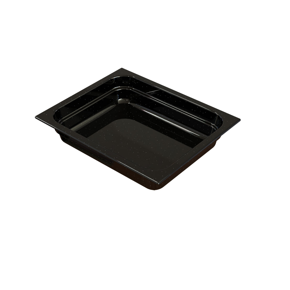 A rectangular, black cold holding food pan with shallow sides and a glossy finish, shown on a white background. The tray has slightly rounded corners and a raised edge, suitable for serving or storing food items.
