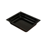 A rectangular, black cold holding food pan with shallow sides and a glossy finish, shown on a white background. The tray has slightly rounded corners and a raised edge, suitable for serving or storing food items.
