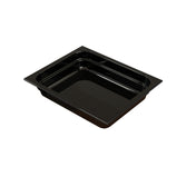 A rectangular, black cold holding food pan with shallow sides and a glossy finish, shown on a white background. The tray has slightly rounded corners and a raised edge, suitable for serving or storing food items.