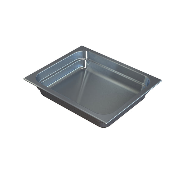 A rectangular, shallow stainless steel steam table pan with slightly rounded corners and a polished finish, typically used in commercial kitchens or buffets for cold holding. It features a wide rim, gently sloping sides, and is shown on a plain white background.