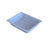 A rectangular, shallow, light blue food pan tray with slightly rounded edges and a smooth surface, seen from an angled top view. The tray is empty and placed on a plain white background. Ideal for cold holding applications.