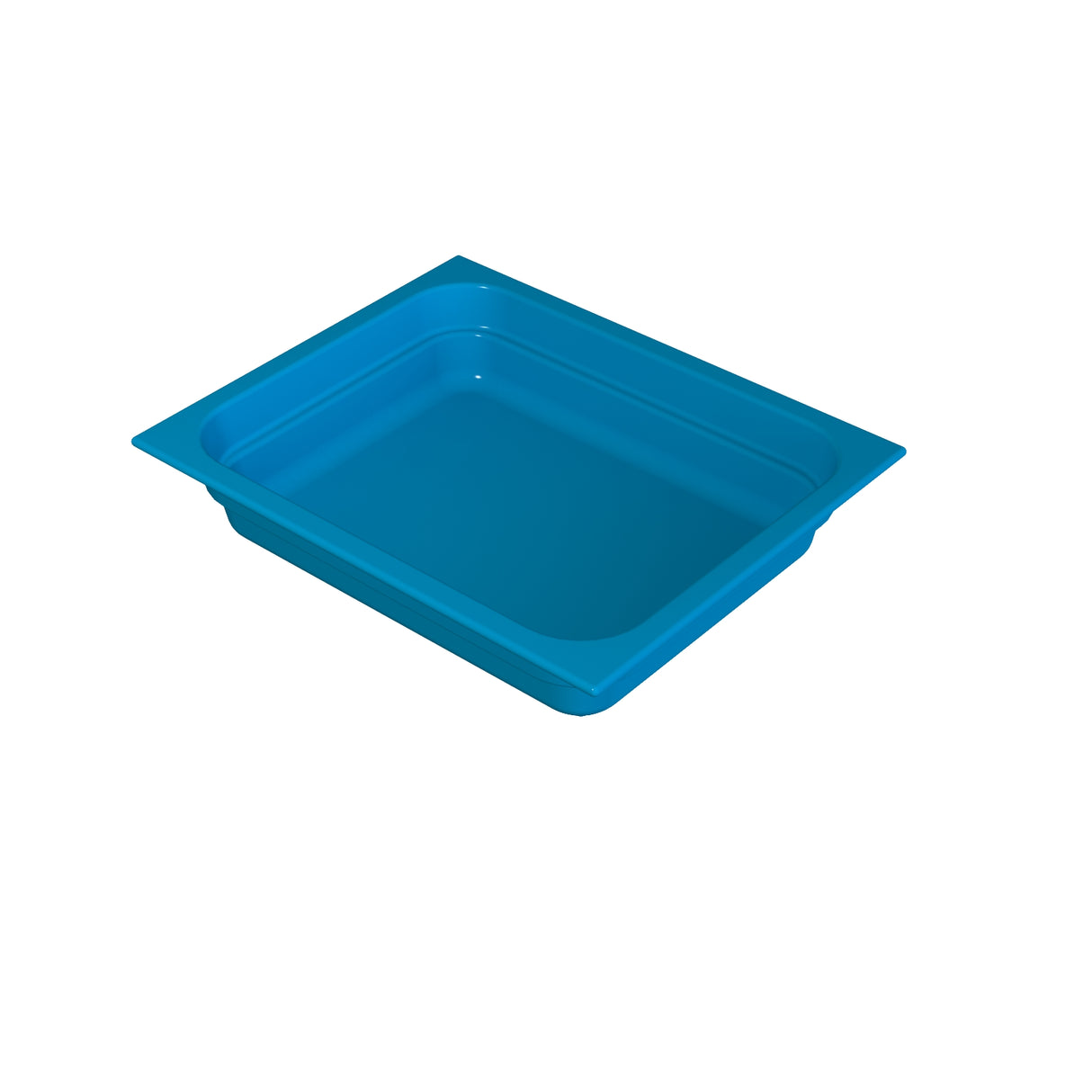 Rectangular blue plastic food pan with slightly sloped sides and a flat rim, shown on a white background. The tray appears empty and clean, ideal for general use such as cold holding, serving, or organizing items.