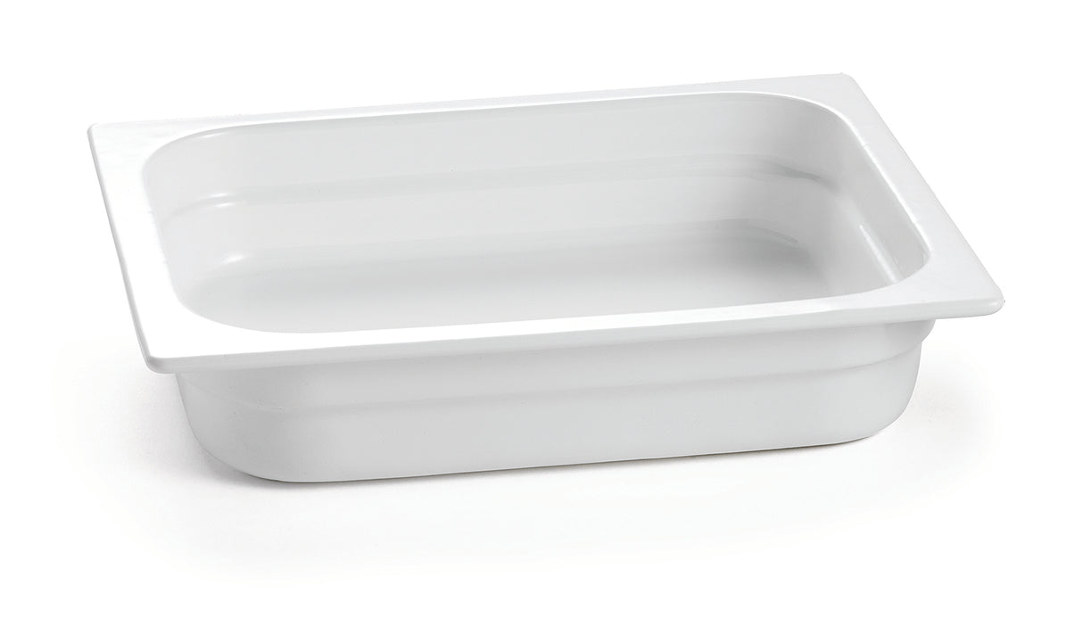 A rectangular, white plastic food pan with rounded corners and straight sides. The pan is empty and clean, ideal for cold holding in kitchens or food service settings. The rim is slightly wider than the body for easy handling.
