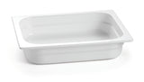 A rectangular, white plastic food pan with rounded corners and straight sides. The pan is empty and clean, ideal for cold holding in kitchens or food service settings. The rim is slightly wider than the body for easy handling.