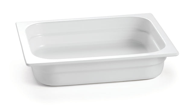 A rectangular, white plastic food pan with rounded corners and straight sides. The pan is empty and clean, ideal for cold holding in kitchens or food service settings. The rim is slightly wider than the body for easy handling.
