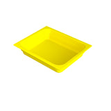 A rectangular, shallow yellow food pan with slightly angled sides and a smooth surface sits empty on a plain white background. Photographed from an elevated angle, the tray’s depth and wide rim make it ideal for cold holding.