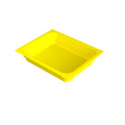A rectangular, shallow yellow food pan with slightly angled sides and a smooth surface sits empty on a plain white background. Photographed from an elevated angle, the tray’s depth and wide rim make it ideal for cold holding.