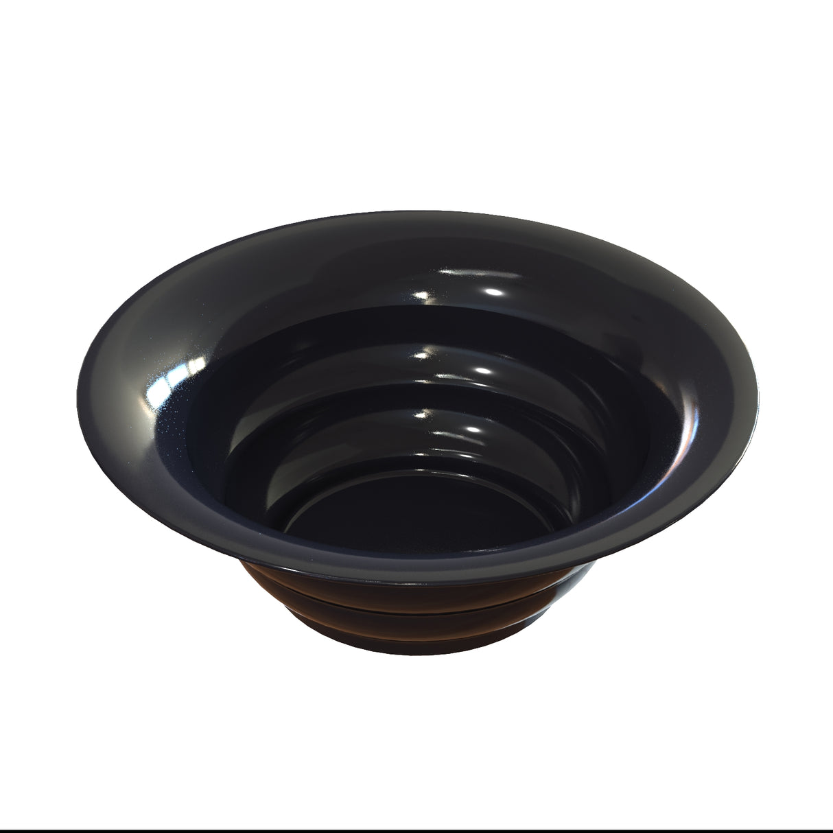 A glossy, black salad bowl made of cast aluminum with a wide rim and deep interior featuring concentric circular steps, resembling a panning tray. Ideal for cold holding, it reflects light on its smooth surface against a plain white background.