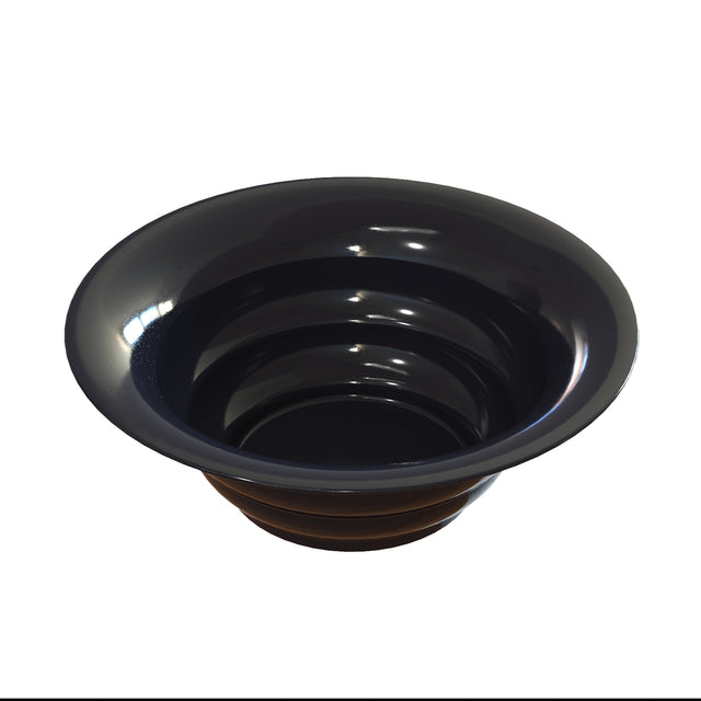 A glossy, black salad bowl made of cast aluminum with a wide rim and deep interior featuring concentric circular steps, resembling a panning tray. Ideal for cold holding, it reflects light on its smooth surface against a plain white background.