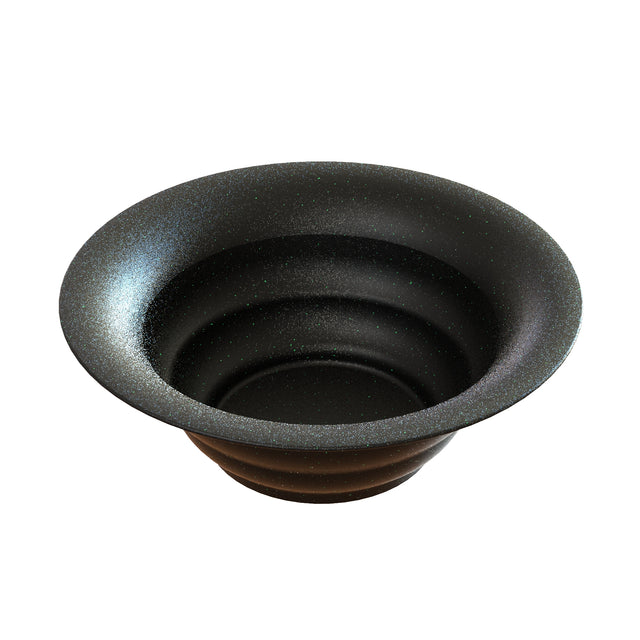 A black, wide-rimmed cast aluminum salad bowl with a textured, speckled surface. Its deep, concave center and smooth edges offer a modern look, while the matte finish is ideal for cold holding. The background is plain white.