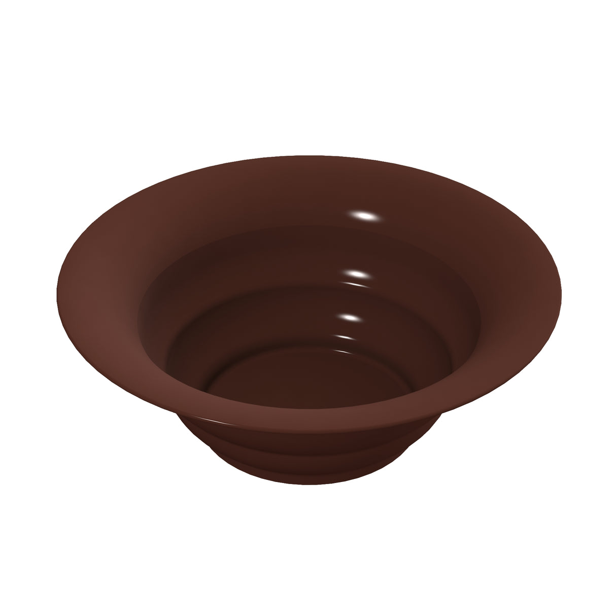 A brown, glossy salad bowl with a wide rim and smooth curved sides, viewed from above on a plain white background. The polished surface reflects light, emphasizing its sleek look and suitability for cold holding.