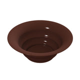 A brown, glossy salad bowl with a wide rim and smooth curved sides, viewed from above on a plain white background. The polished surface reflects light, emphasizing its sleek look and suitability for cold holding.