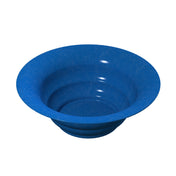 A deep, round, blue plastic salad bowl with a wide, flared rim and a smooth, glossy surface. Designed for cold holding, the empty bowl is photographed against a plain white background with light reflections on its shiny finish.