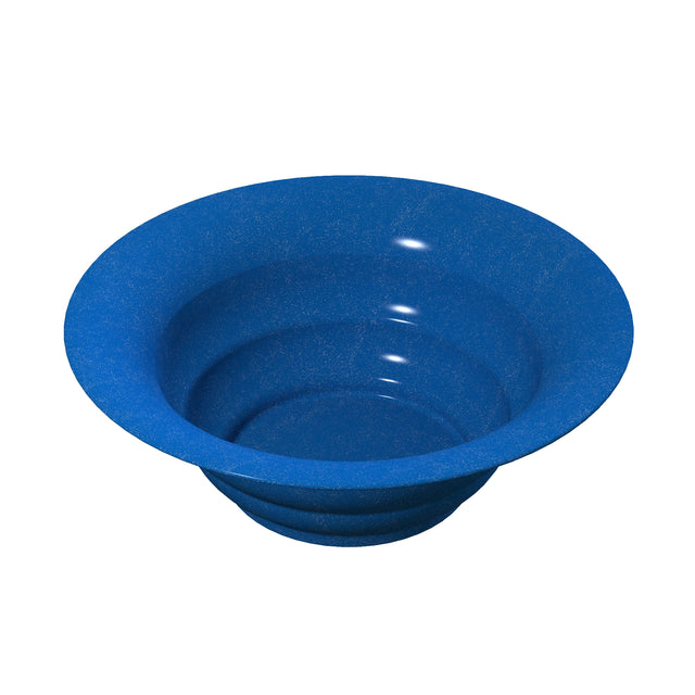 A deep, round, blue plastic salad bowl with a wide, flared rim and a smooth, glossy surface. Designed for cold holding, the empty bowl is photographed against a plain white background with light reflections on its shiny finish.