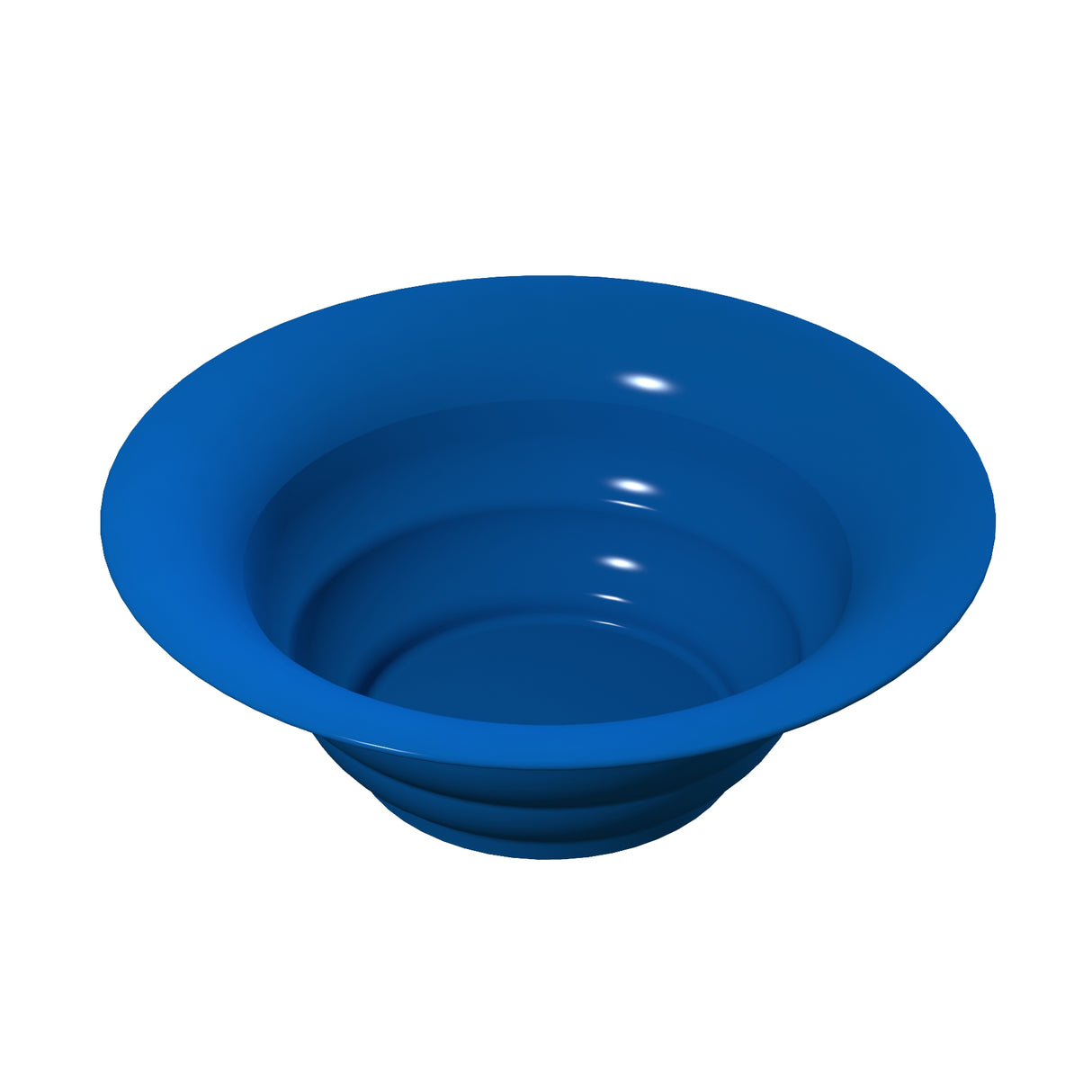 A shiny, solid blue salad bowl with smooth, rounded sides and a wide, flared rim. Made of cast aluminum, its modern design is perfect for cold holding. Viewed from above, soft lighting highlights the empty interior and rim.