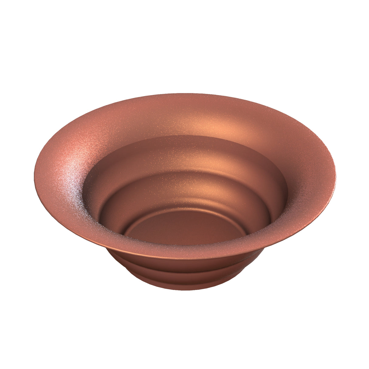 A shiny, metallic salad bowl with a copper finish, featuring a wide, flared rim and deep, rounded interior. The smooth cast aluminum surface is reflective, highlighting the bowl’s curved shape and elegant, modern design.