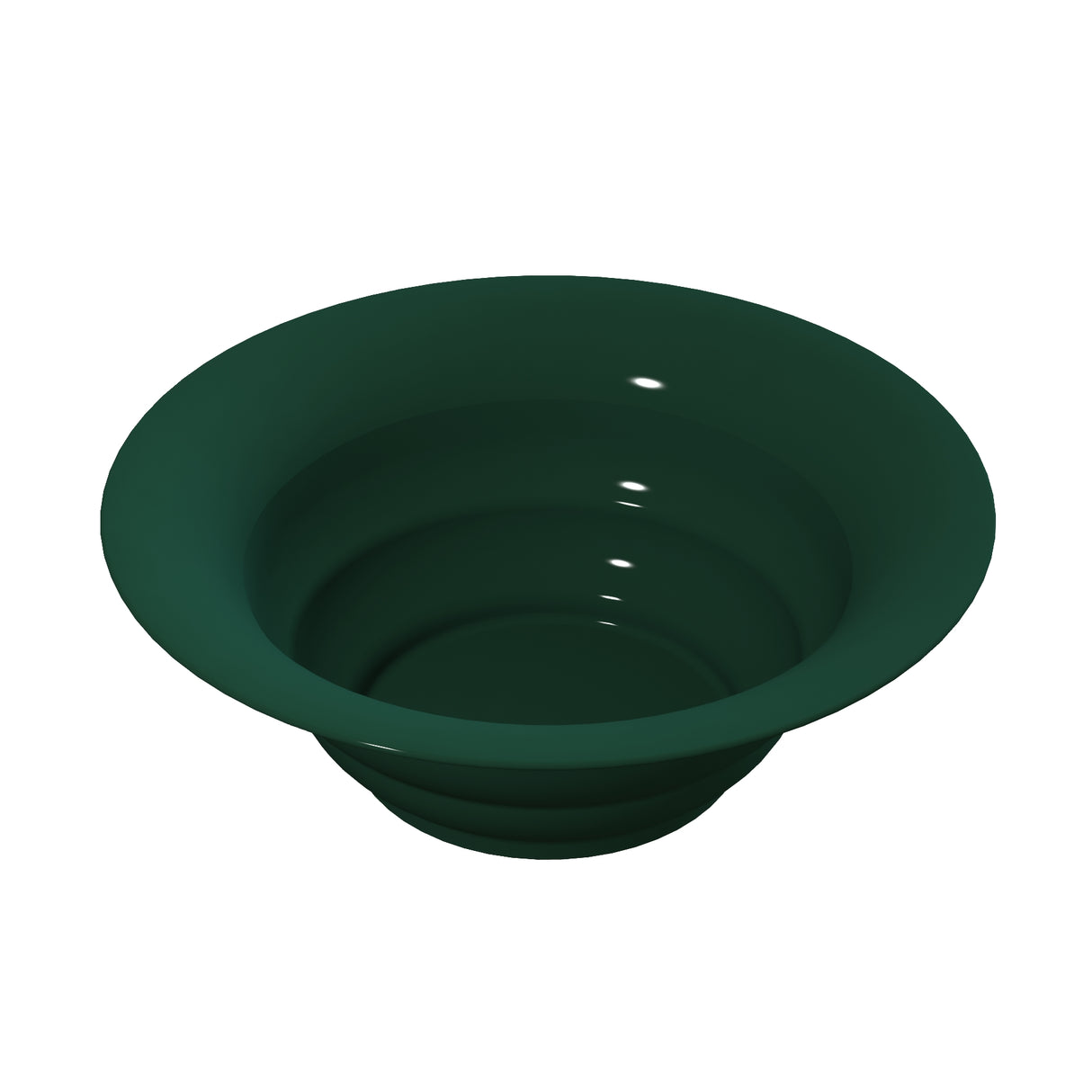 A 3D-rendered image of a round, deep, dark green salad bowl with a wide rim and smooth, glossy surface. The bowl is empty and appears to be made of cast aluminum or plastic, viewed from a slightly elevated angle against a white background.
