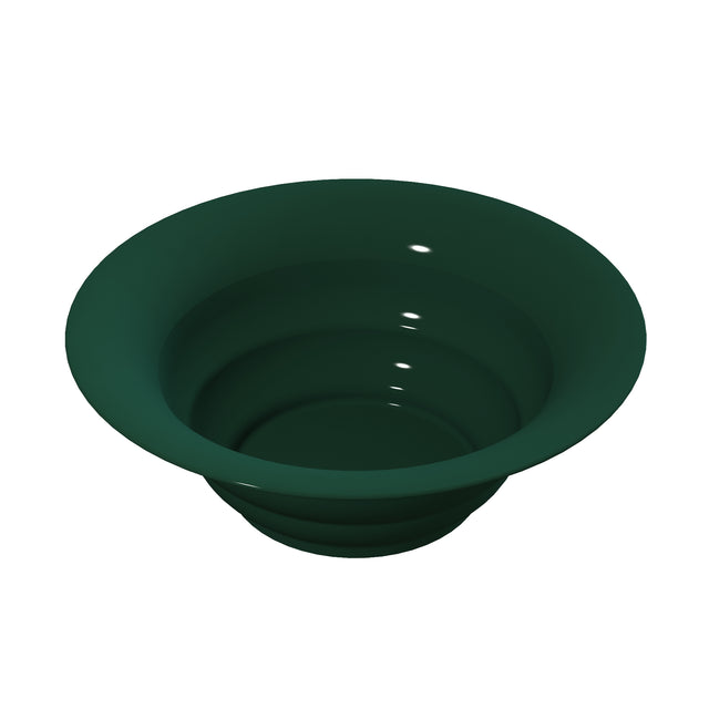 A 3D-rendered image of a round, deep, dark green salad bowl with a wide rim and smooth, glossy surface. The bowl is empty and appears to be made of cast aluminum or plastic, viewed from a slightly elevated angle against a white background.