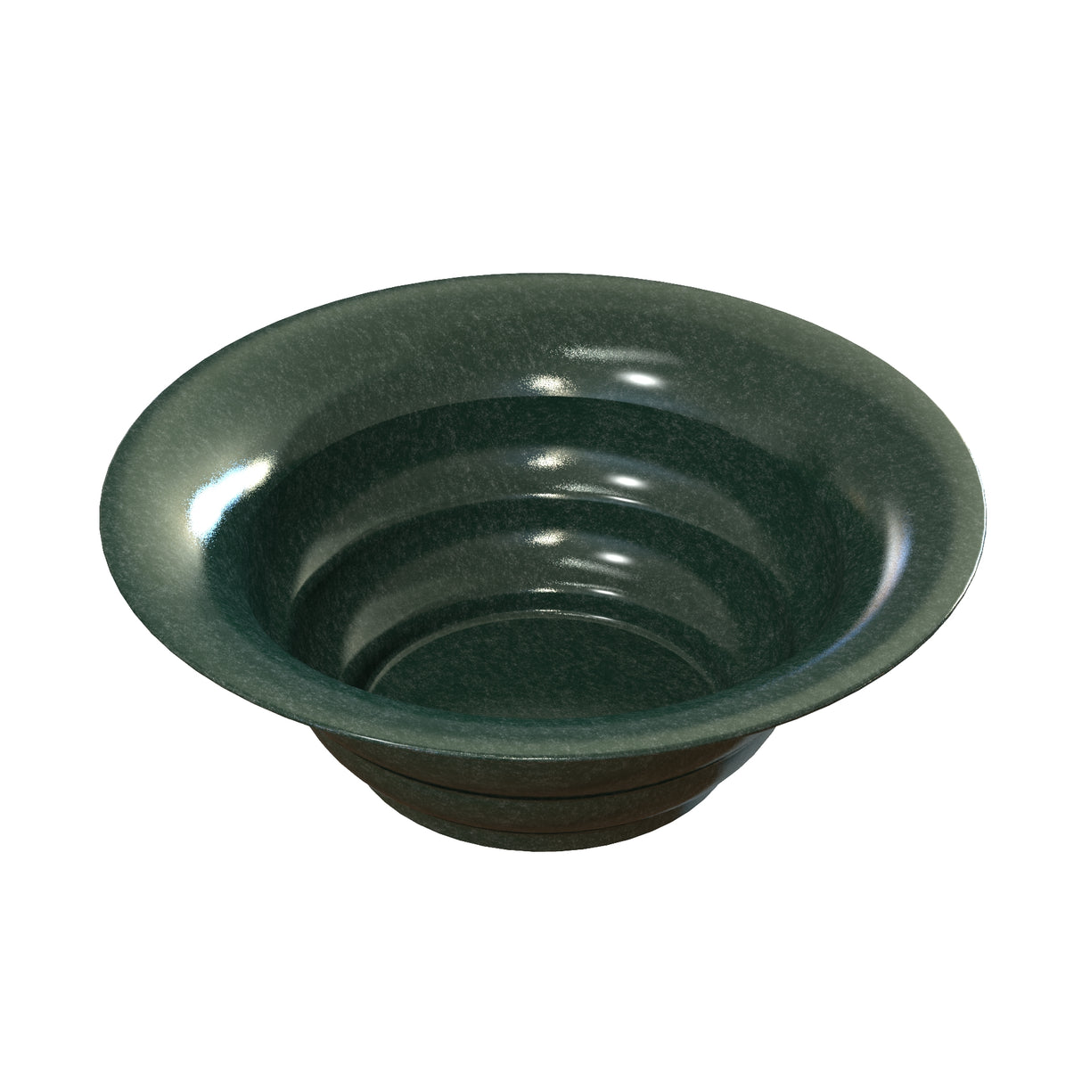 A deep, round, dark green salad bowl with a glossy, marbled finish. Crafted from cast aluminum, it features wide flared rims and subtle ridges inside to enhance cold holding. The empty bowl is photographed on a white background.