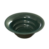 A deep, round, dark green salad bowl with a glossy, marbled finish. Crafted from cast aluminum, it features wide flared rims and subtle ridges inside to enhance cold holding. The empty bowl is photographed on a white background.