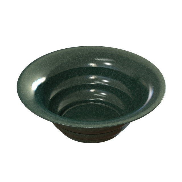 A deep, round, dark green salad bowl with a glossy, marbled finish. Crafted from cast aluminum, it features wide flared rims and subtle ridges inside to enhance cold holding. The empty bowl is photographed on a white background.