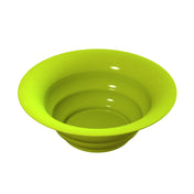 A bright green, collapsible silicone salad bowl is shown upright on a white background. The bowl has a wide rim and smooth, glossy surfaces with visible ridges that highlight its collapsible design, making it perfect for cold holding salads.