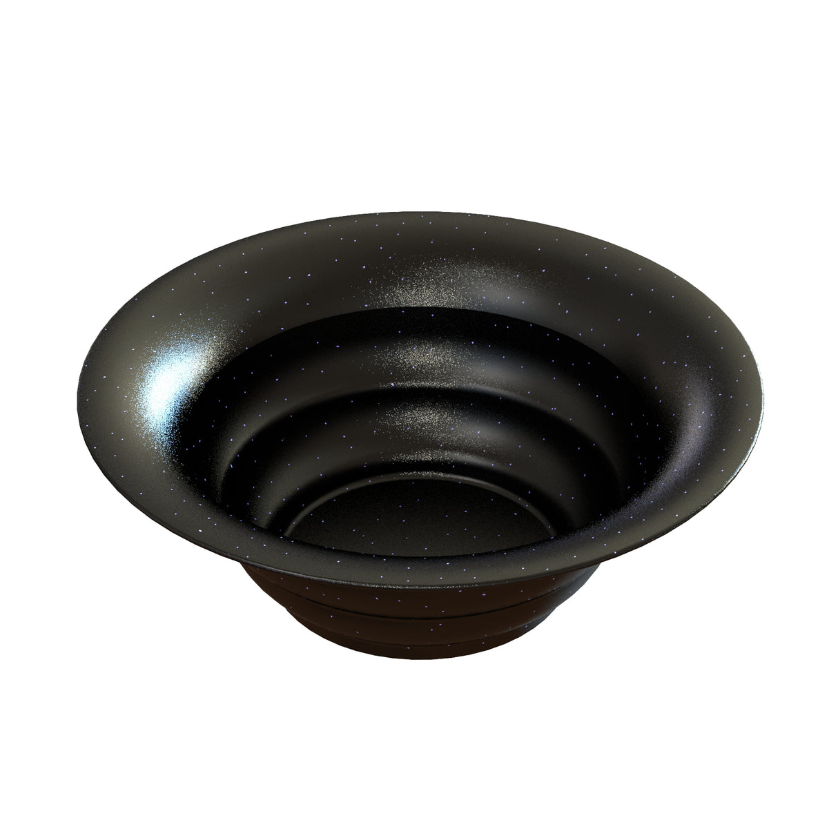 A round, black cast aluminum bowl with gradually flared sides and a smooth, glossy finish is shown. The surface is speckled with small white dots, resembling a starry night sky. Ideal as a salad bowl for cold holding on any table setting.