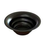 A round, black cast aluminum bowl with gradually flared sides and a smooth, glossy finish is shown. The surface is speckled with small white dots, resembling a starry night sky. Ideal as a salad bowl for cold holding on any table setting.