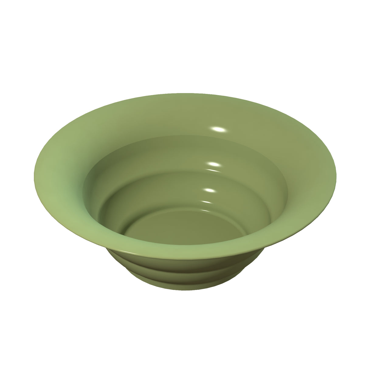 A smooth, round, olive-green salad bowl with a wide rim and a slightly textured surface. Crafted from cast aluminum, this modern design is empty and viewed from above against a plain white background. It's also dishwasher safe for easy cleaning.