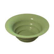 A smooth, round, olive-green salad bowl with a wide rim and a slightly textured surface. Crafted from cast aluminum, this modern design is empty and viewed from above against a plain white background. It's also dishwasher safe for easy cleaning.