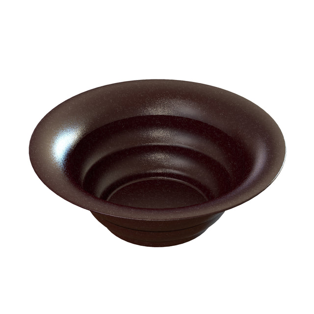A dark brown, round, wide-rimmed salad bowl with a glossy finish and a stepped interior design, shown on a white background. The bowl has a deep center and gently flares outward, creating a modern, elegant look.