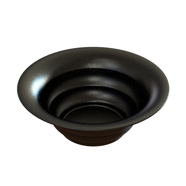 A glossy black cast aluminum salad bowl with wide, sloping sides, subtly speckled with tiny white dots resembling stars, sits on a plain white background. Its smooth surface reflects light and is ideal for cold holding.