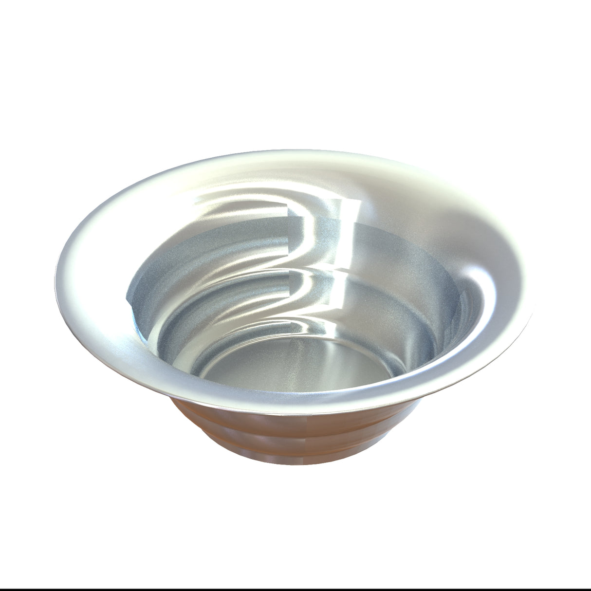 A shiny, reflective cast aluminum salad bowl with a wide rim and smooth curved sides sits on a white background. The bowl’s surface displays light reflections and a seamless, polished appearance, ideal for cold holding.